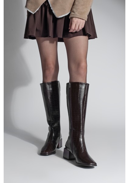 Kadın Küt Burun Fermuarlı Kalın Topuklu Çizme Lusso Kahve Croco fiyatları