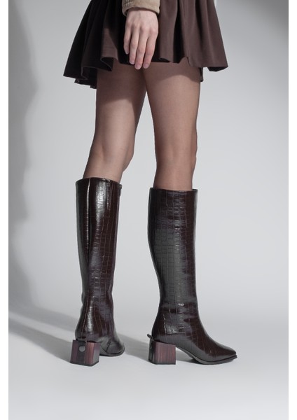 Kadın Küt Burun Fermuarlı Kalın Topuklu Çizme Lusso Kahve Croco fırsatları