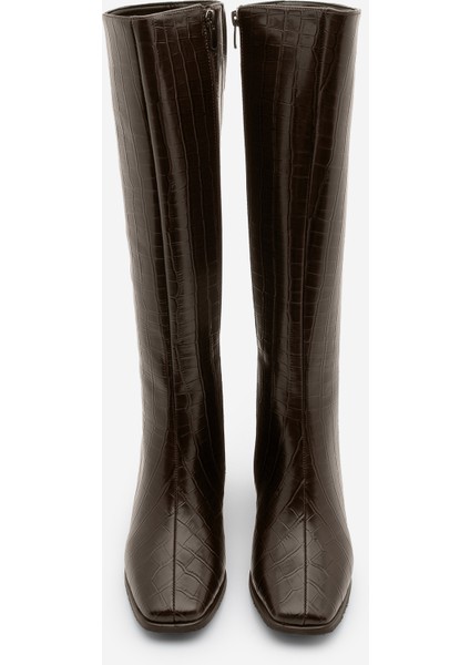 Kadın Küt Burun Fermuarlı Kalın Topuklu Çizme Lusso Kahve Croco indirimleri