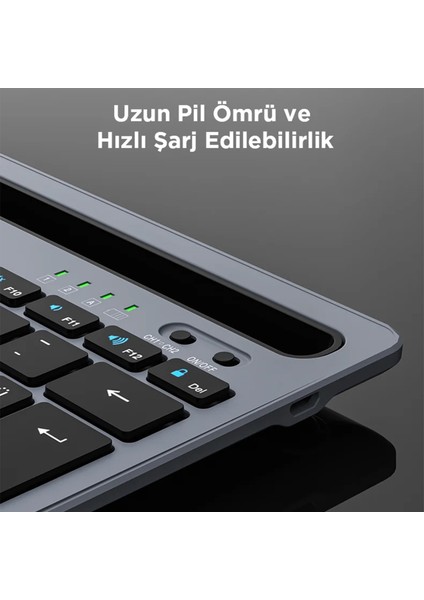 BK100 Kablosuz Bluetooth Çoklu Cihaz ile Uyumlu Şarj Edilebilir Türkçe Q Klavye Gri modelleri