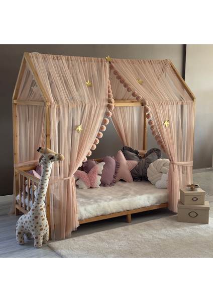 Açık Pudra Çift Perdeli Montessori Yatak Cibinliği