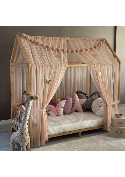 Açık Pudra Çift Perdeli Montessori Yatak Cibinliği