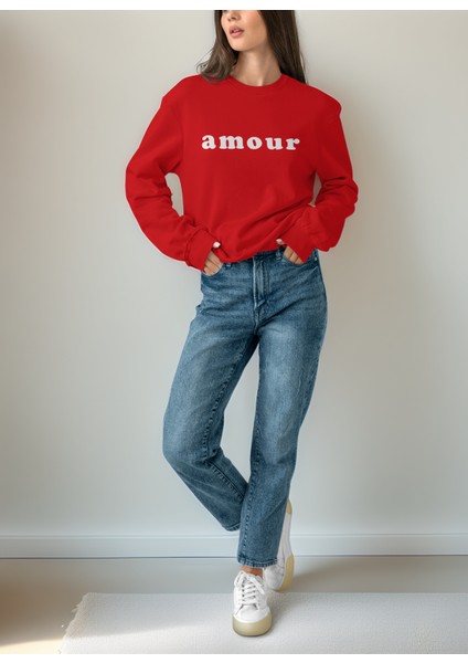 Kadın Kırmızı Oversize Kalın Içi Polarlı Sweatshirt – Amour Yazı Detaylı