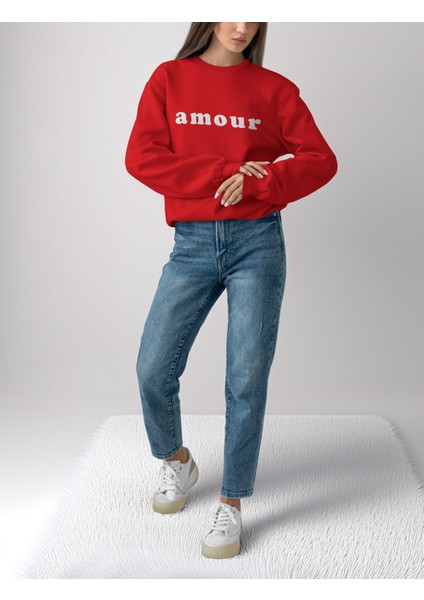Kadın Kırmızı Oversize Kalın Içi Polarlı Sweatshirt – Amour Yazı Detaylı fiyatları