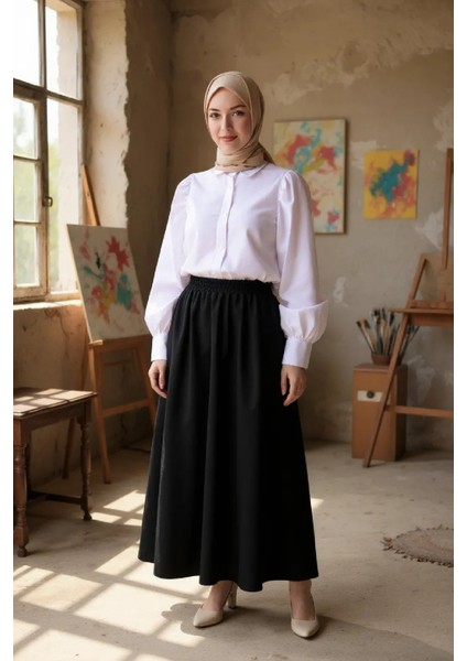 Kadın Siyah Double Kumaş Beli Lastikli Cepli Etek