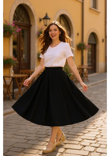 Kadın Siyah Double Kumaş Beli Lastikli Cepli Etek fırsatları