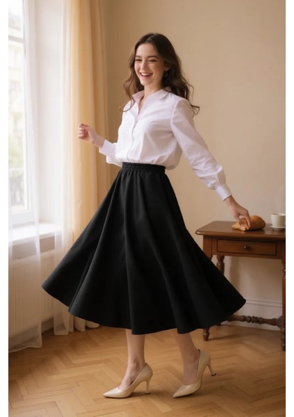 Kadın Siyah Double Kumaş Beli Lastikli Cepli Etek indirimleri