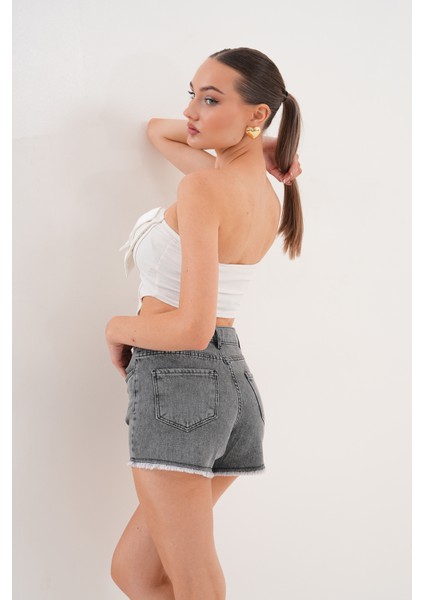 Kadın Kot Şık Şort Yüksek Bel Püskül Detaylı