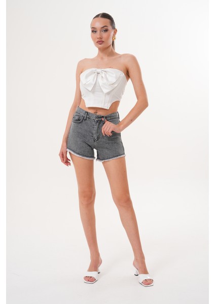 Kadın Kot Şık Şort Yüksek Bel Püskül Detaylı fırsatları