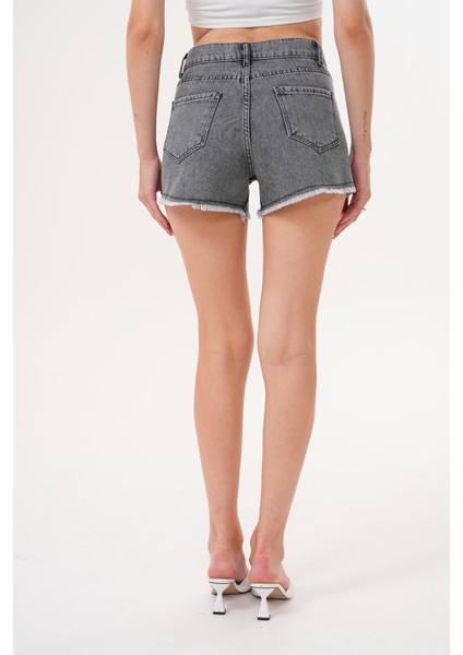 Kadın Kot Şık Şort Yüksek Bel Püskül Detaylı