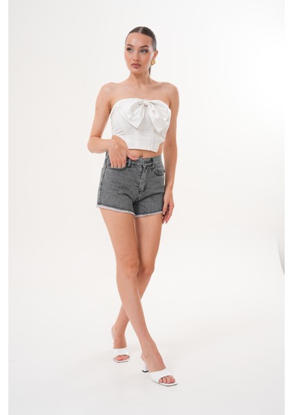 Kadın Kot Şık Şort Yüksek Bel Püskül Detaylı