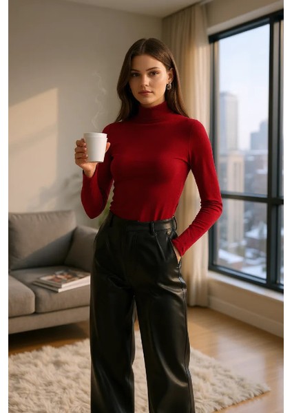 Kadın Bordo Parmak Detaylı Esnek Uzun Kollu Body fiyatları