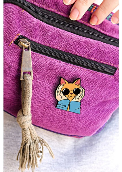 Gözlüklü Kedi Ahşap Broş - Yaka Çanta Aksesuar Renkli Eğlenceli Tasarım modelleri