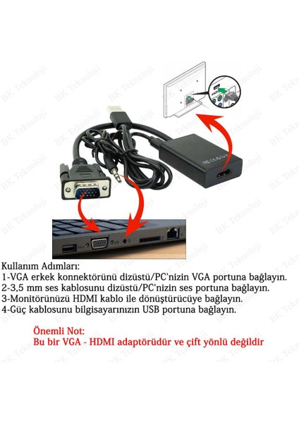 VGA To HDMI Ses Destekli Dönüştürücü Adaptör