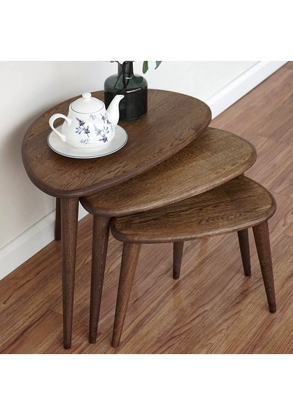 3'lü Masif Gerçek Meşe Ağacı Zigon Orta Sehpa Takımı