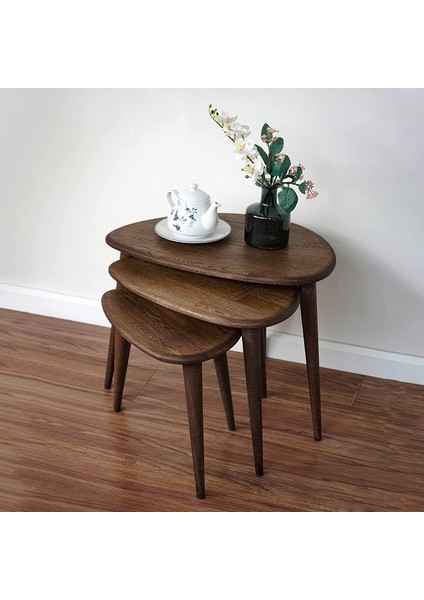 3'lü Masif Gerçek Meşe Ağacı Zigon Orta Sehpa Takımı