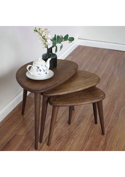 3'lü Masif Gerçek Meşe Ağacı Zigon Orta Sehpa Takımı