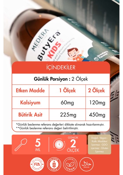 ButyEra Kids N-Bütirik Asit ve Kalsiyum İçeren Sıvı Takviye Edici Gıda(150ml) indirimleri