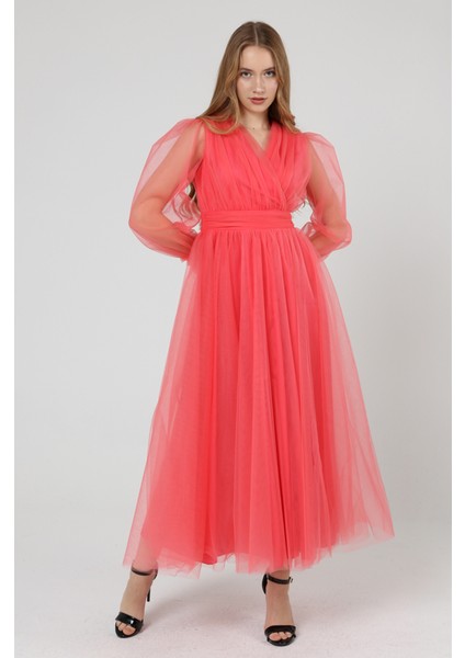 Önü Kruvaze Uzun Kol Tül Abiye Elbise fırsatları