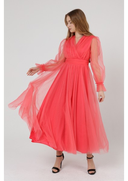 Önü Kruvaze Uzun Kol Tül Abiye Elbise indirimleri