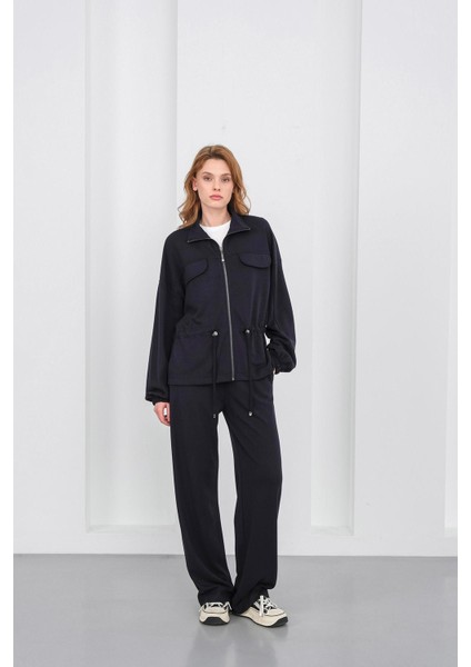 Koyu Lacivert Kadın Boydan Fermuarlı Dik Yakalı Premium Modal Alt-Üst Takım