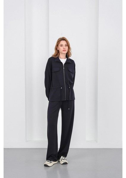 Koyu Lacivert Kadın Boydan Fermuarlı Dik Yakalı Premium Modal Alt-Üst Takım modelleri