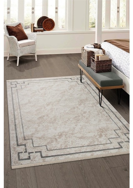 Glory Vl Saçaklı Modern Dokuma Halı Oturma Odası Salon Mutfak Halısı Krem Bej Gri T4B