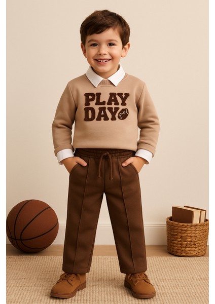 Erkek Bebek&çocuk Play Day %100 Pamuk Gömlek Sweatshirt Pantolon 3'lü Takım Elbise Bayram
