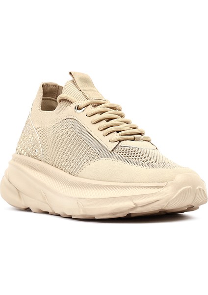 Zero Kadın Bej Bağcıklı Kalın Tabanlı Kumaş Sneaker 25AFD43126F