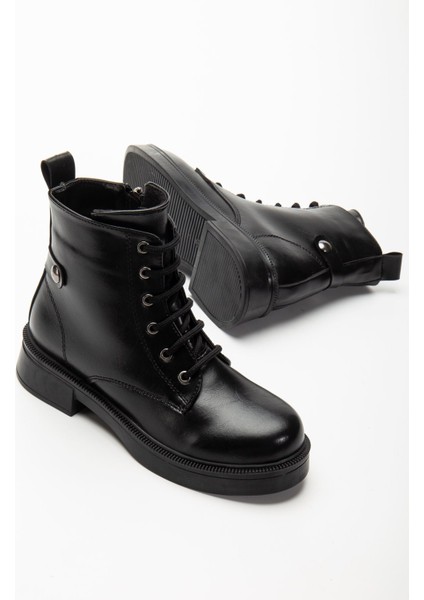 ZRİN-2003 Premium Siyah Kırışık Rugan Bağcıklı Fermuarlı Günlük Kadın Bot