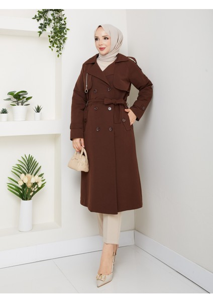 Kadın Kahverengi Kuşaklı ve Fermuar Detaylı Trençkot fiyatları