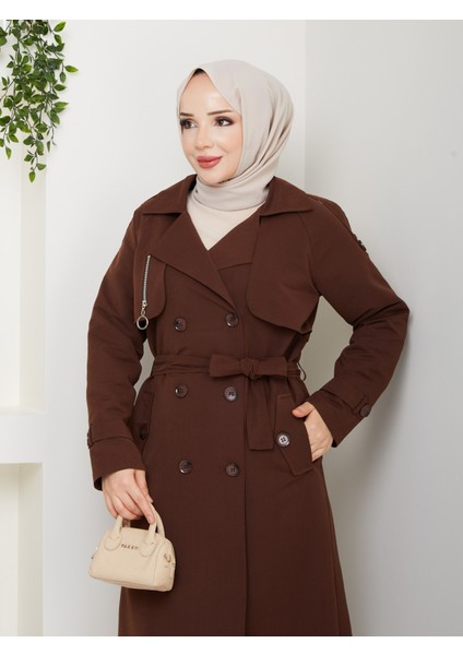 Kadın Kahverengi Kuşaklı ve Fermuar Detaylı Trençkot modelleri