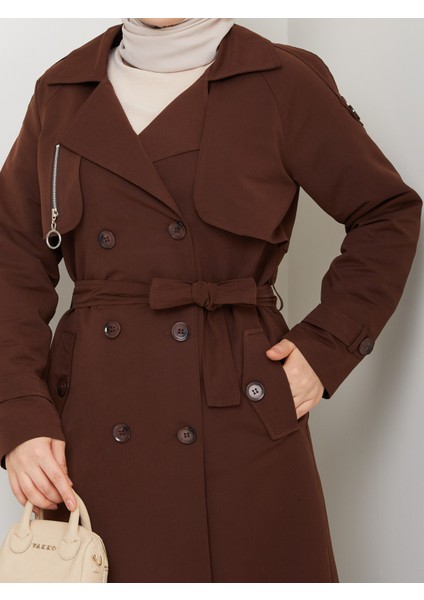 Kadın Kahverengi Kuşaklı ve Fermuar Detaylı Trençkot fırsatları
