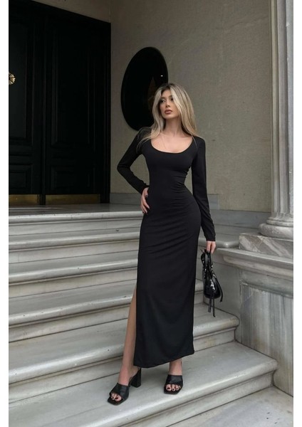 Kadın Kırmızı Yarım Balıkçı Tek Taraf Yırtmaçlı Uzun Kol Elbise