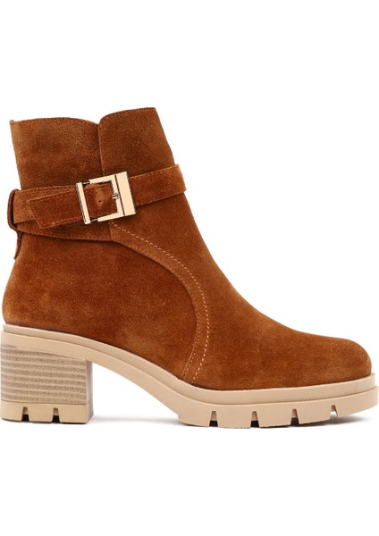 Kadın Taba Kalın Topuklu Fermuarlı Süet Deri Bot 25WFD414110