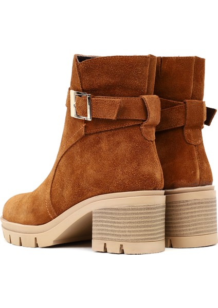 Kadın Taba Kalın Topuklu Fermuarlı Süet Deri Bot 25WFD414110