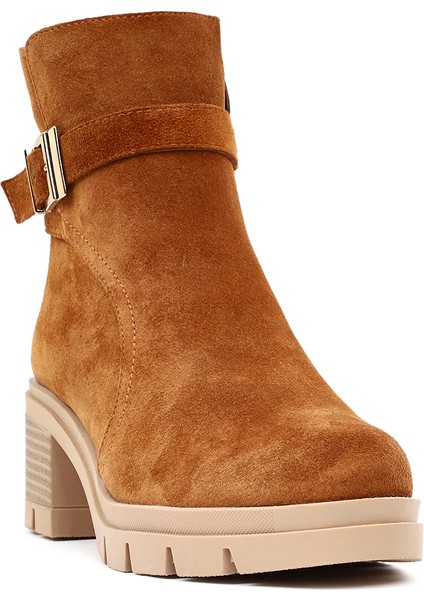 Kadın Taba Kalın Topuklu Fermuarlı Süet Deri Bot 25WFD414110