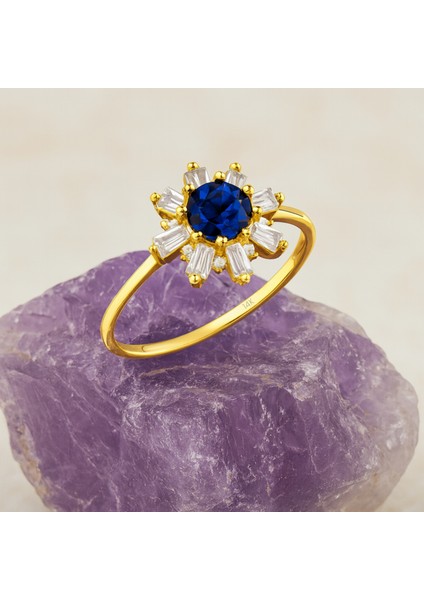 14 Ayar Altın Mavi Safir Baget Yüzük