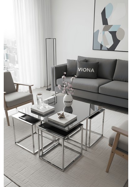 Dila 5'li Krom Kaplama Füme Aynalı Orta Sehpa & Zigon Sehpa & Yan Sehpa & Bohem Sehpa Takımı fiyatları