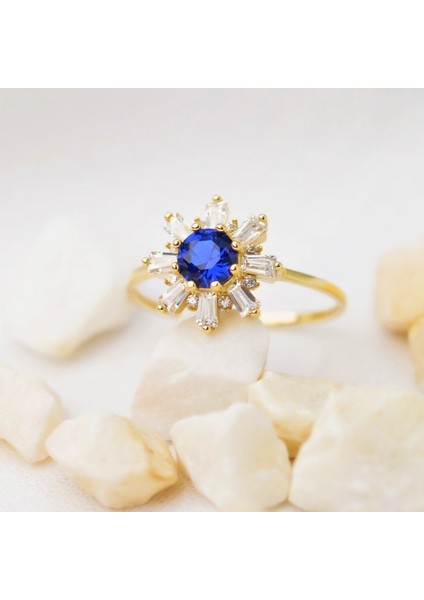 14 Ayar Altın Mavi Safir Baget Yüzük indirimleri