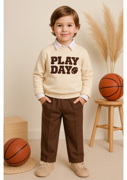 Erkek Bebek&çocuk Play Day %100 Pamuk Gömlek Sweatshirt Pantolon 3'lü Takım Elbise Bayram