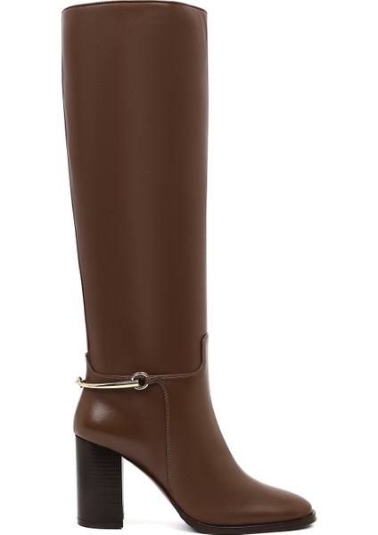 Kadın Kahverengi Kalın Topuklu Deri Çizme 25WFD101818