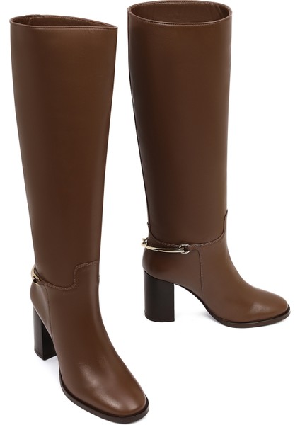 Kadın Kahverengi Kalın Topuklu Deri Çizme 25WFD101818