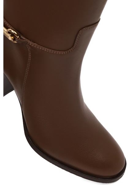 Kadın Kahverengi Kalın Topuklu Deri Çizme 25WFD101818