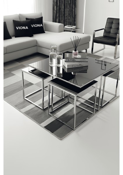 Dila 5'li Krom Kaplama Füme Aynalı Orta Sehpa & Zigon Sehpa & Yan Sehpa & Bohem Sehpa Takımı