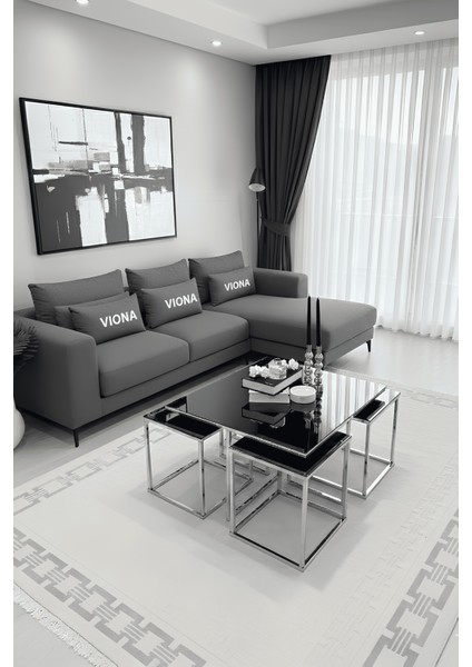 Dila 5'li Krom Kaplama Füme Aynalı Orta Sehpa & Zigon Sehpa & Yan Sehpa & Bohem Sehpa Takımı