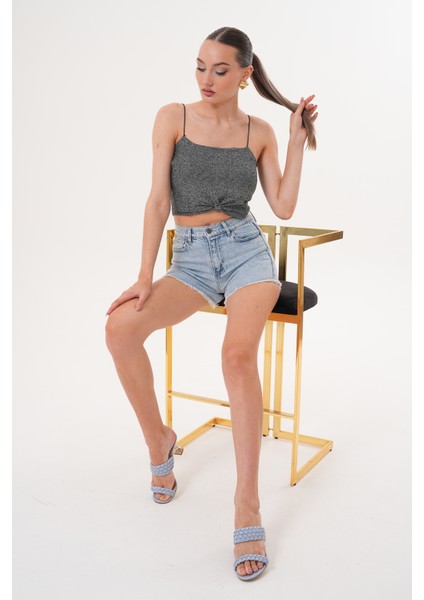 Kadın Kot Şort Yüksek Bel Püskül Detaylı