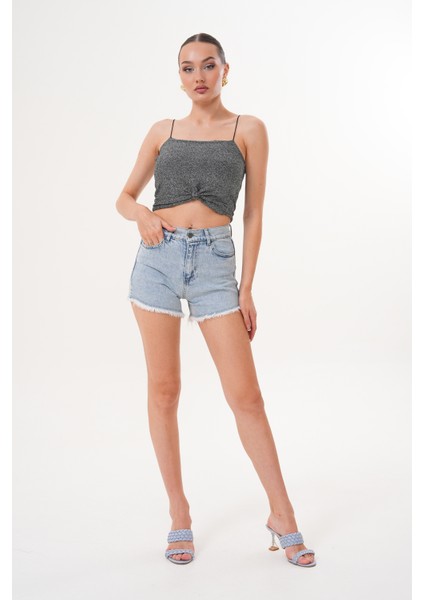 Kadın Kot Şort Yüksek Bel Püskül Detaylı fiyatları
