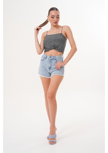 Kadın Kot Şort Yüksek Bel Püskül Detaylı fırsatları