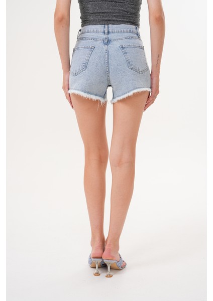 Kadın Kot Şort Yüksek Bel Püskül Detaylı